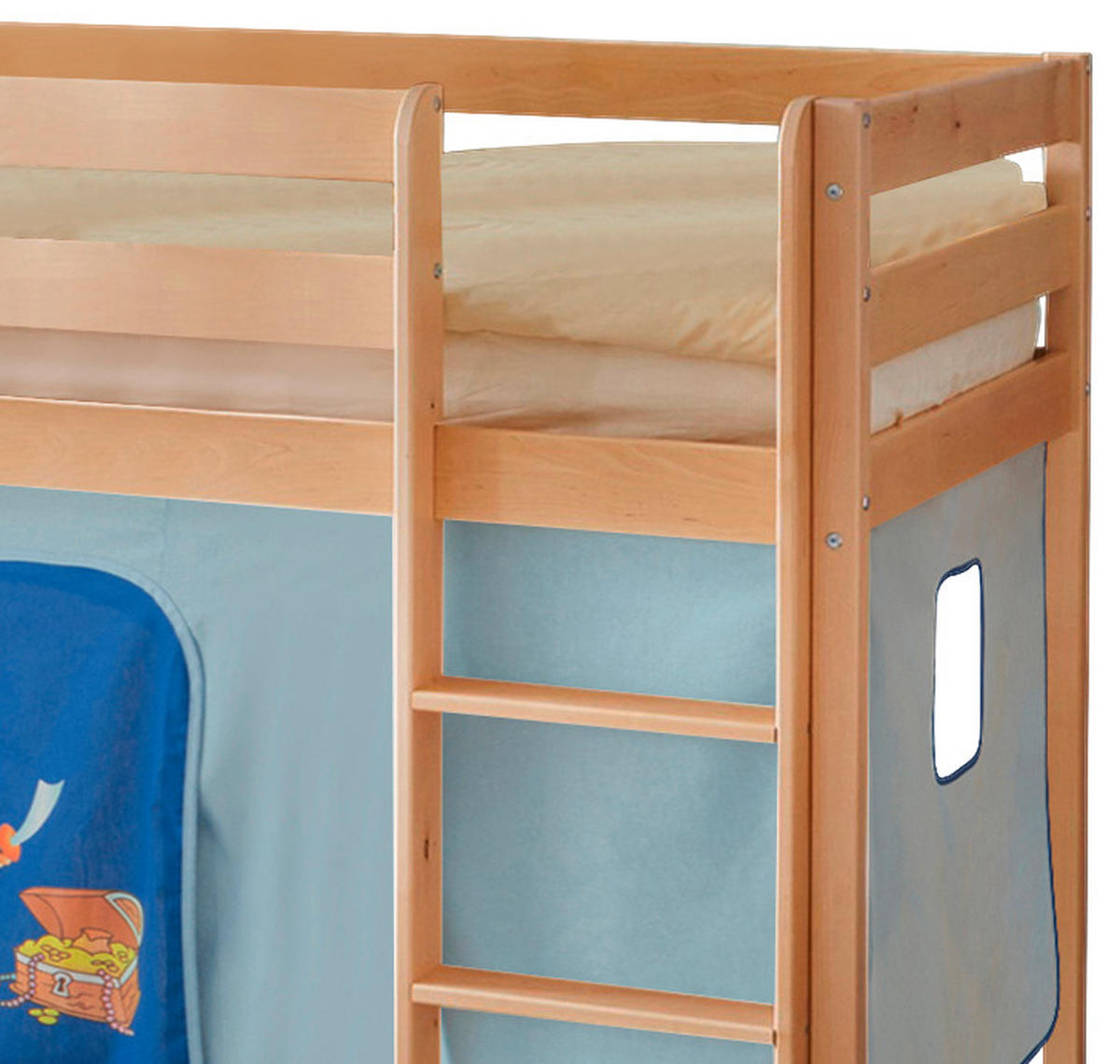 SPIELBETT Rutsche, Turm, Vorhang, Absturzsicherung, Leiter 90/200 cm  in Blau, Kieferfarben  - Blau/Kieferfarben, Natur, Holz (90/200cm) - MID.YOU