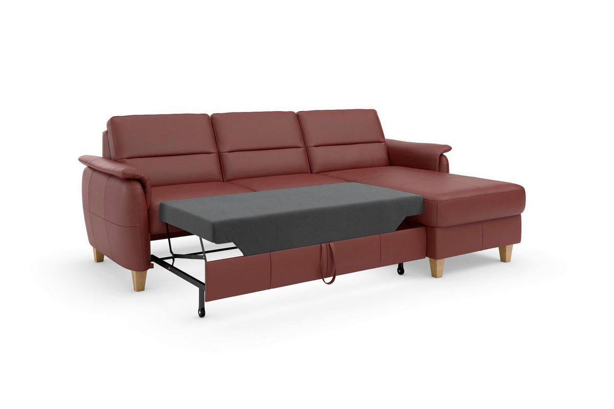 ECKSOFA PALMERA E Rotbraun Kombination Echtleder/Stoff Mikrofaser Bettkasten  - Rotbraun/Eichefarben, Basics, Leder/Holz (244/163cm) - Sit & More