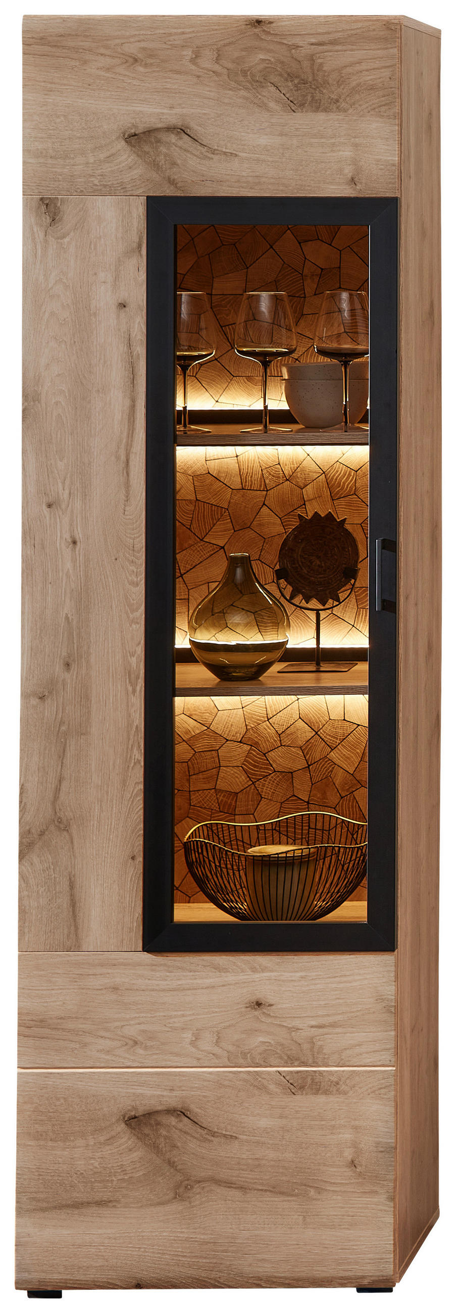 VITRINE Schwarz, Eichefarben Beleuchtung, Einlegeböden - Eichefarben/Schwarz, KONVENTIONELL, Glas/Holzwerkstoff (60/204/39cm) - Stylife