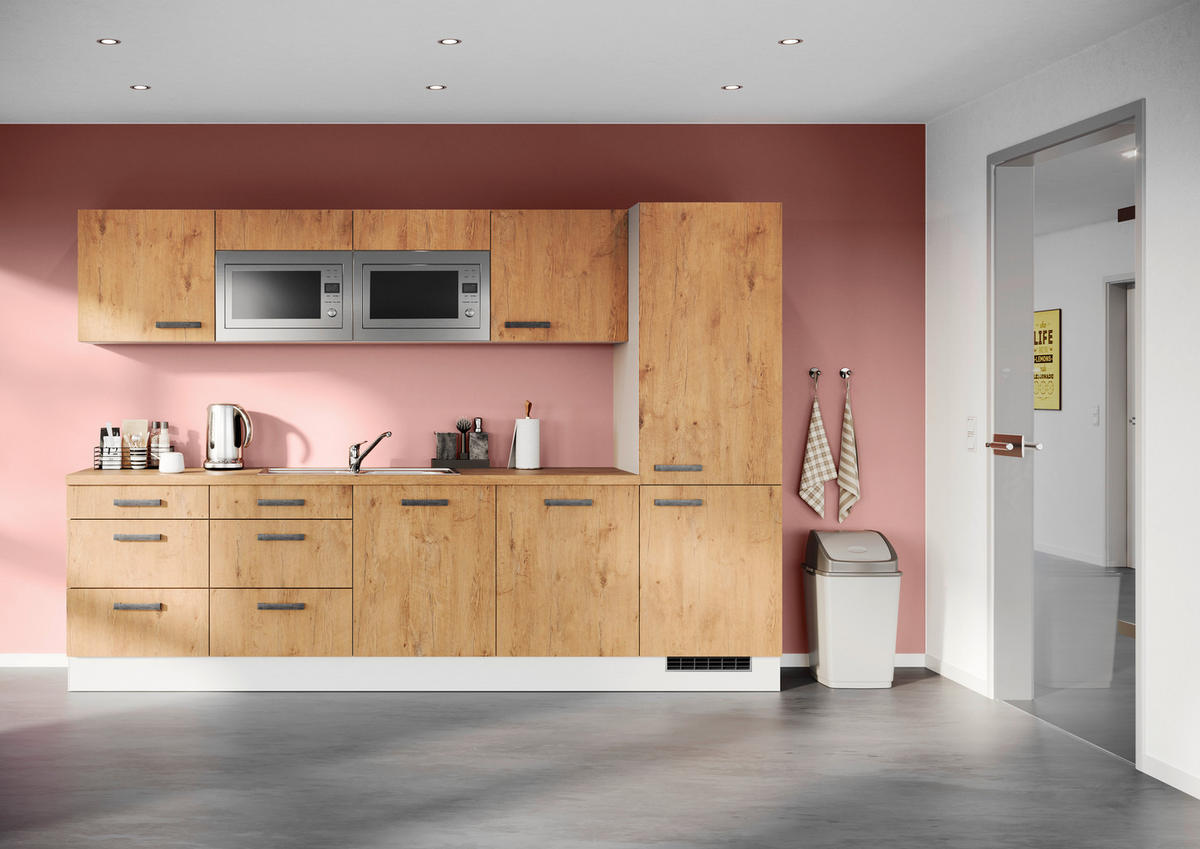 KÜCHENBLOCK 300 cm   Eichefarben  - Weiss/Eichefarben, Design, Holzwerkstoff/Metall (300cm) - Impuls