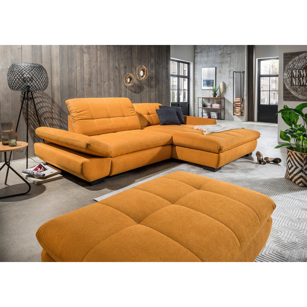 Thumbnail - Xora Ecksofa, Currygelb, Textil, Uni, 3-Sitzer, Ottomane rechts, L-Form, 290x198 cm, Goldenes M, Typenauswahl, Bettkaste...