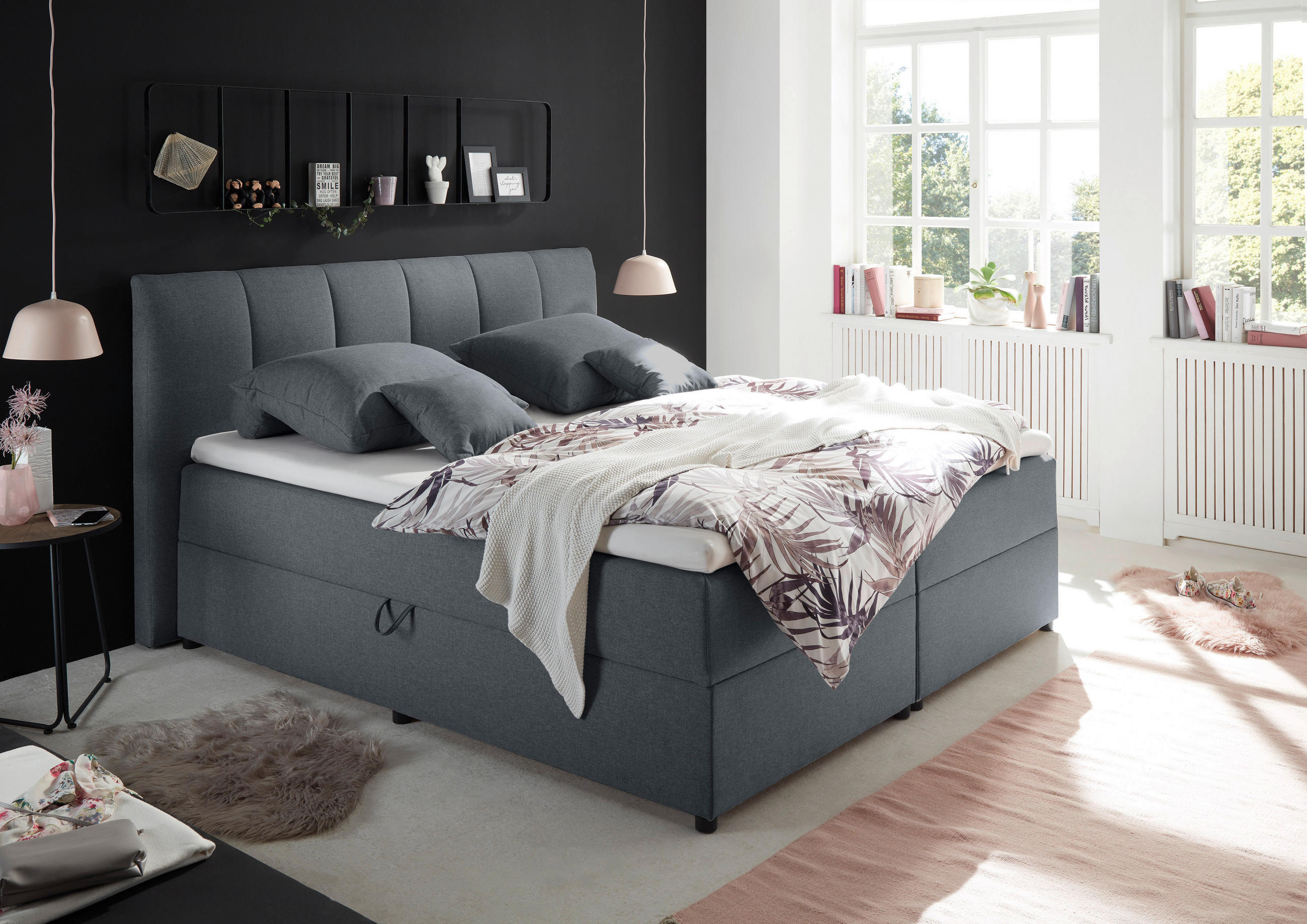 BOXSPRINGBETT 180/200 cm,  in Anthrazit, Matratze, Bettkasten, Topper, H2 = mittel  - Anthrazit/Schwarz, Basics, Kunststoff/Textil (180/200cm) - MID.YOU