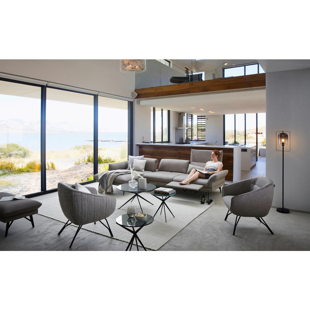 Thumbnail - Joop! Ecksofa Posh, Grau, Leder, Echtleder, Rauleder, Rindleder, 3-Sitzer, Ottomane links, L-Form, 308x173 cm, Blauer En...