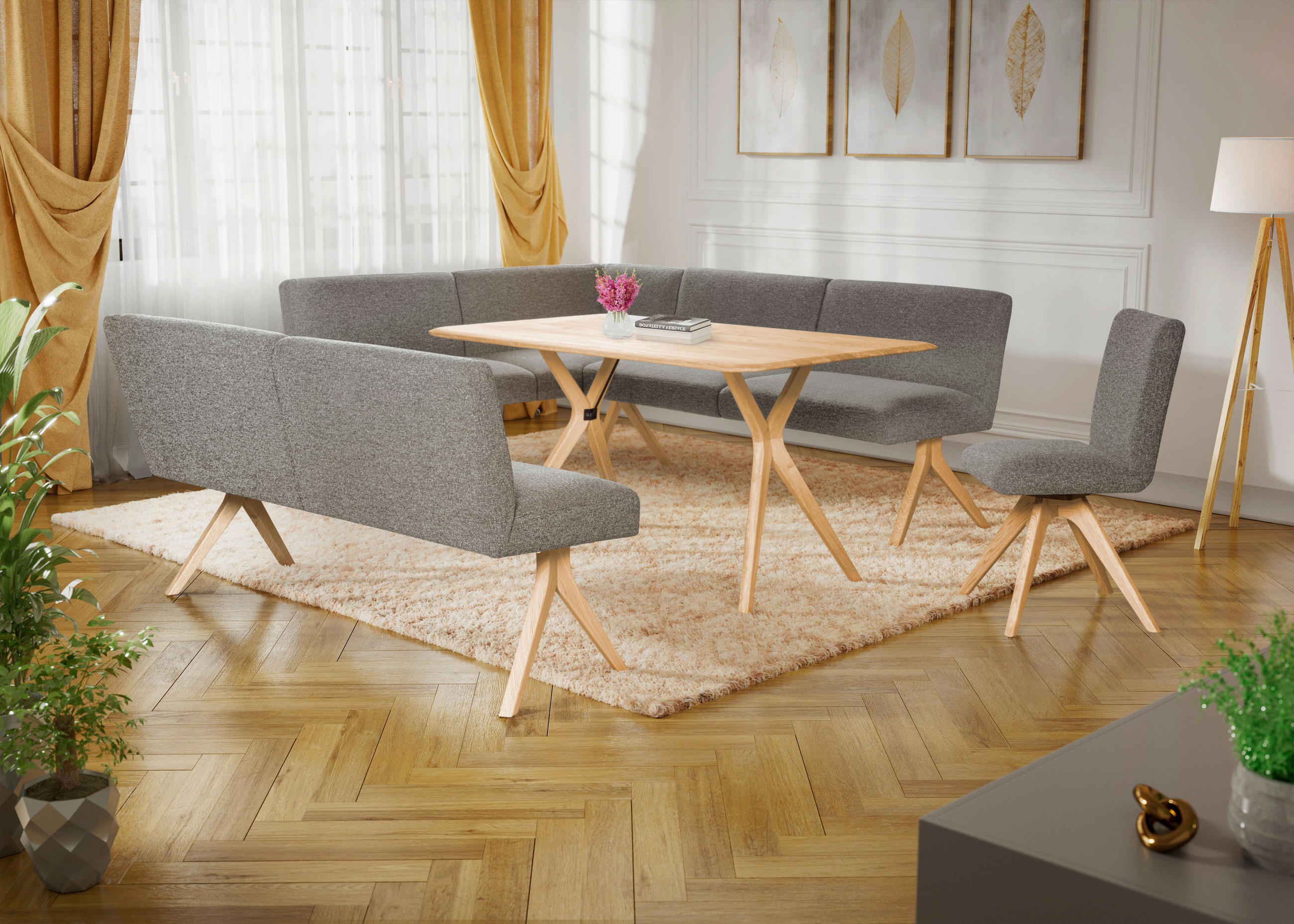 ECKBANK 172/218 cm Webstoff Grau Eiche vollmassiv   - Eichefarben/Grau, KONVENTIONELL, Holz/Textil (172/218cm) - Linea Natura