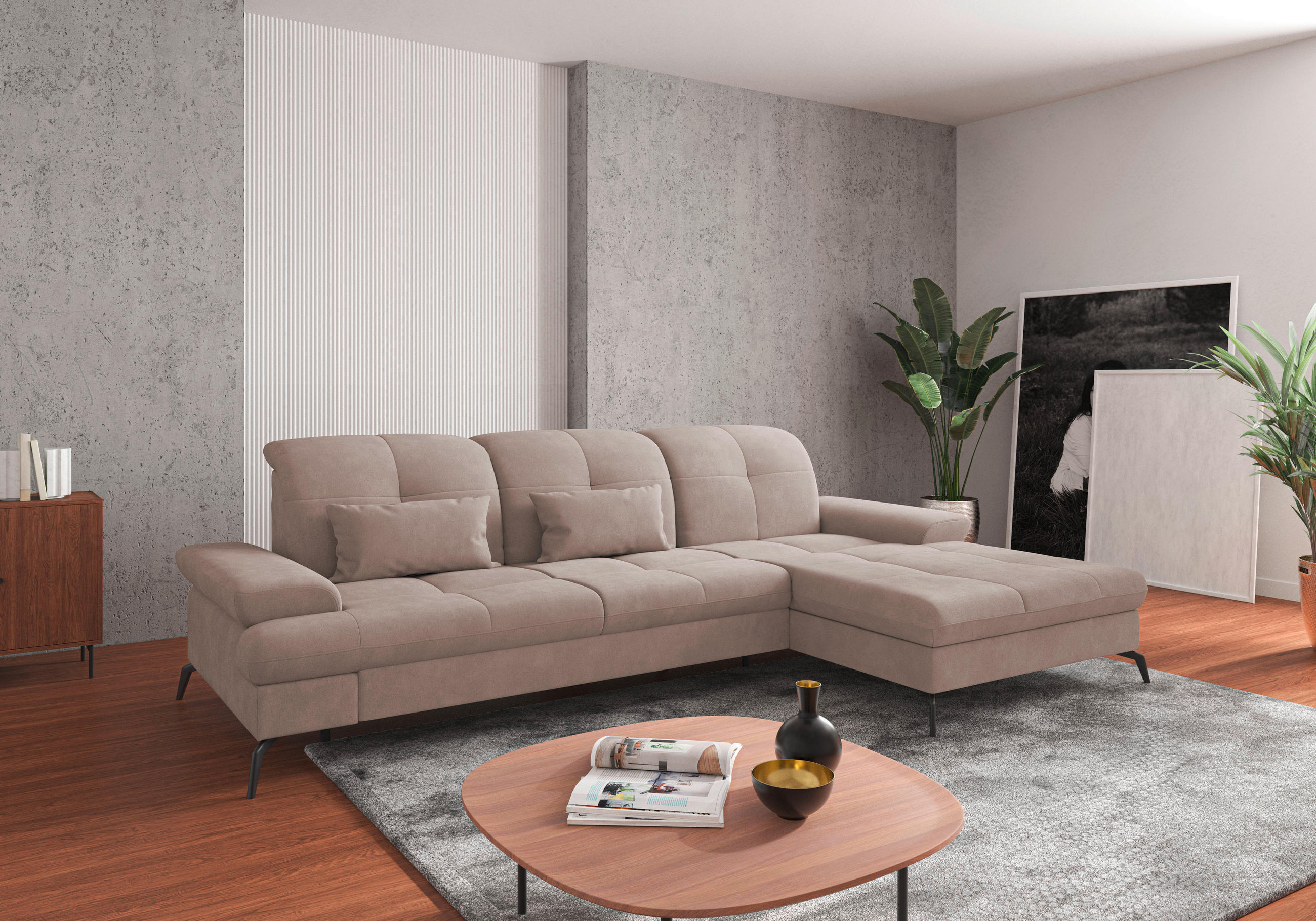 ECKSOFA in Flachgewebe Greige  - Greige/Schwarz, Konventionell, Textil/Metall (279/185cm) - Sit & More
