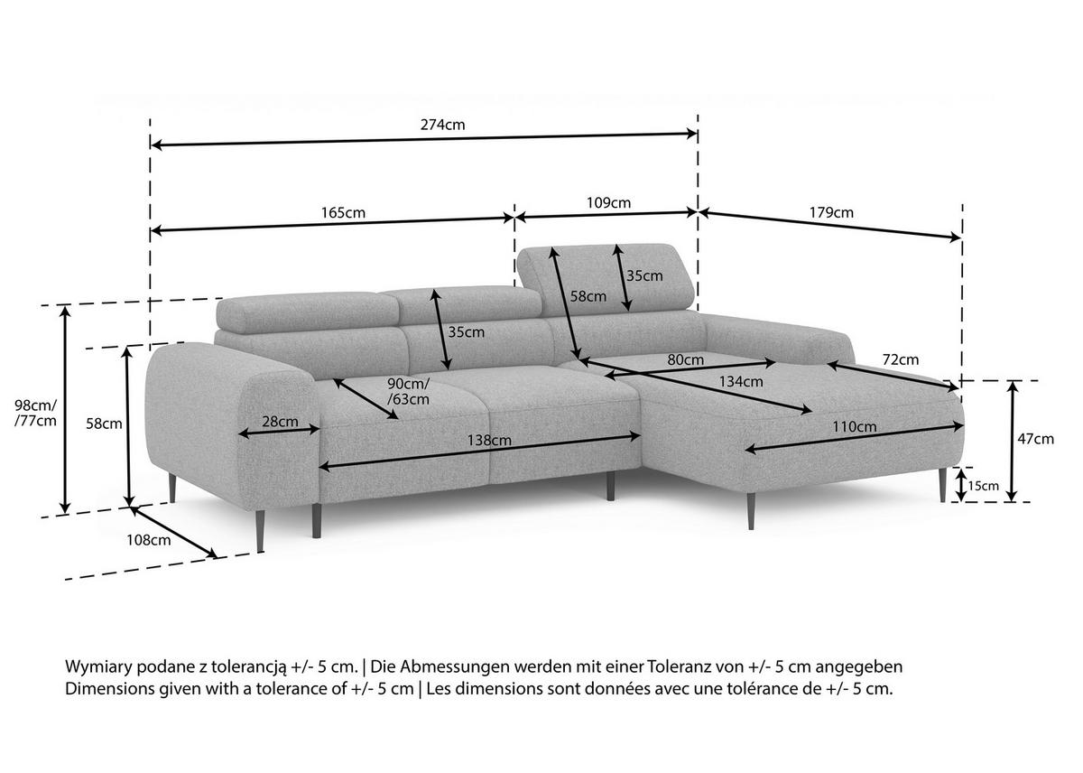 ECKSOFA Anthrazit Struktur Rücken echt, Kopfteilverstellung, Sitztiefenverstellung  - Anthrazit/Schwarz, MODERN, Textil/Metall (274/179cm) - Welnova