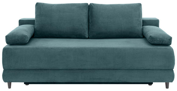 SCHLAFSOFA Cord Petrol Rückenkissen, Armlehnenkissen, Bettkasten, Schlaffunktion, Rücken echt, Liegefläche im Originalstoff  - Petrol/Schwarz, KONVENTIONELL, Holz/Textil (196/96/103cm) - Carryhome