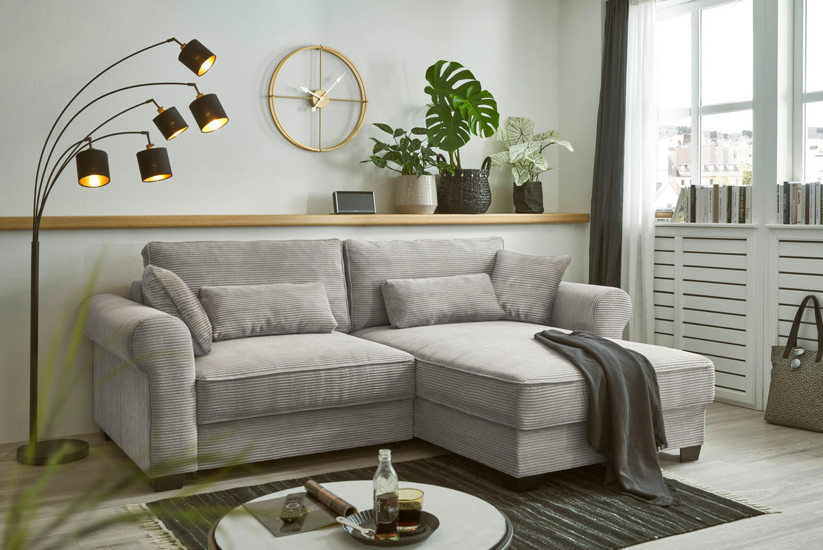 ECKSOFA in Cord Grau  - Schwarz/Grau, Basics, Kunststoff/Textil (255/92/185cm) - MID.YOU