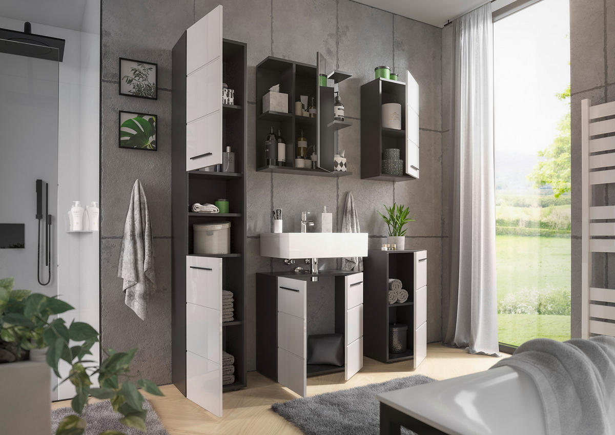 SKŘÍŇKA POD UMYVADLO, vysoce lesklá bílá, antracitová, 60/62/31 cm - barvy stříbra/černá, Natur, kompozitní dřevo/plast (60/62/31cm) - Xora