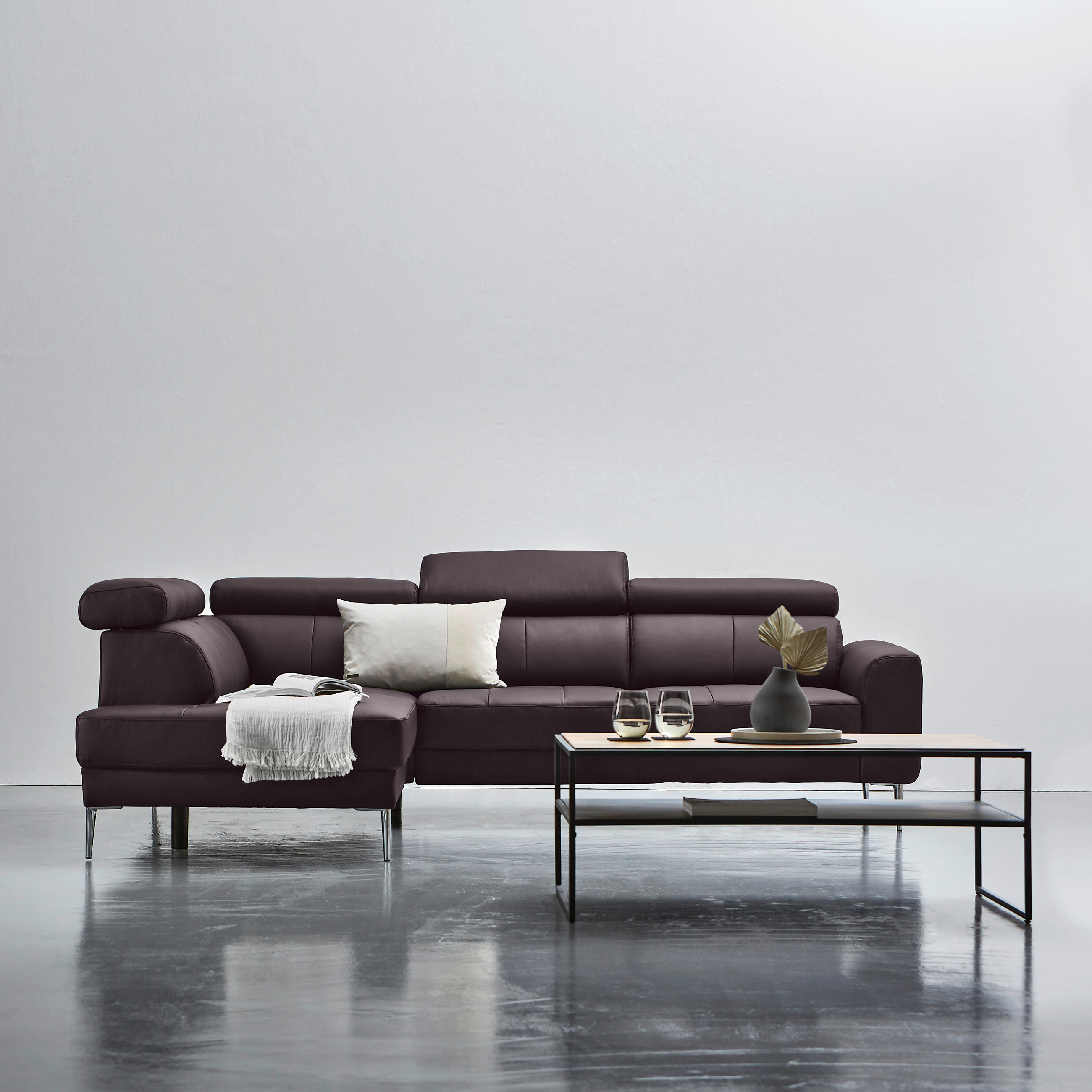 ECKSOFA Braun Echtleder  - Chromfarben/Braun, Design, Leder/Metall (213/262cm) - Hom`in