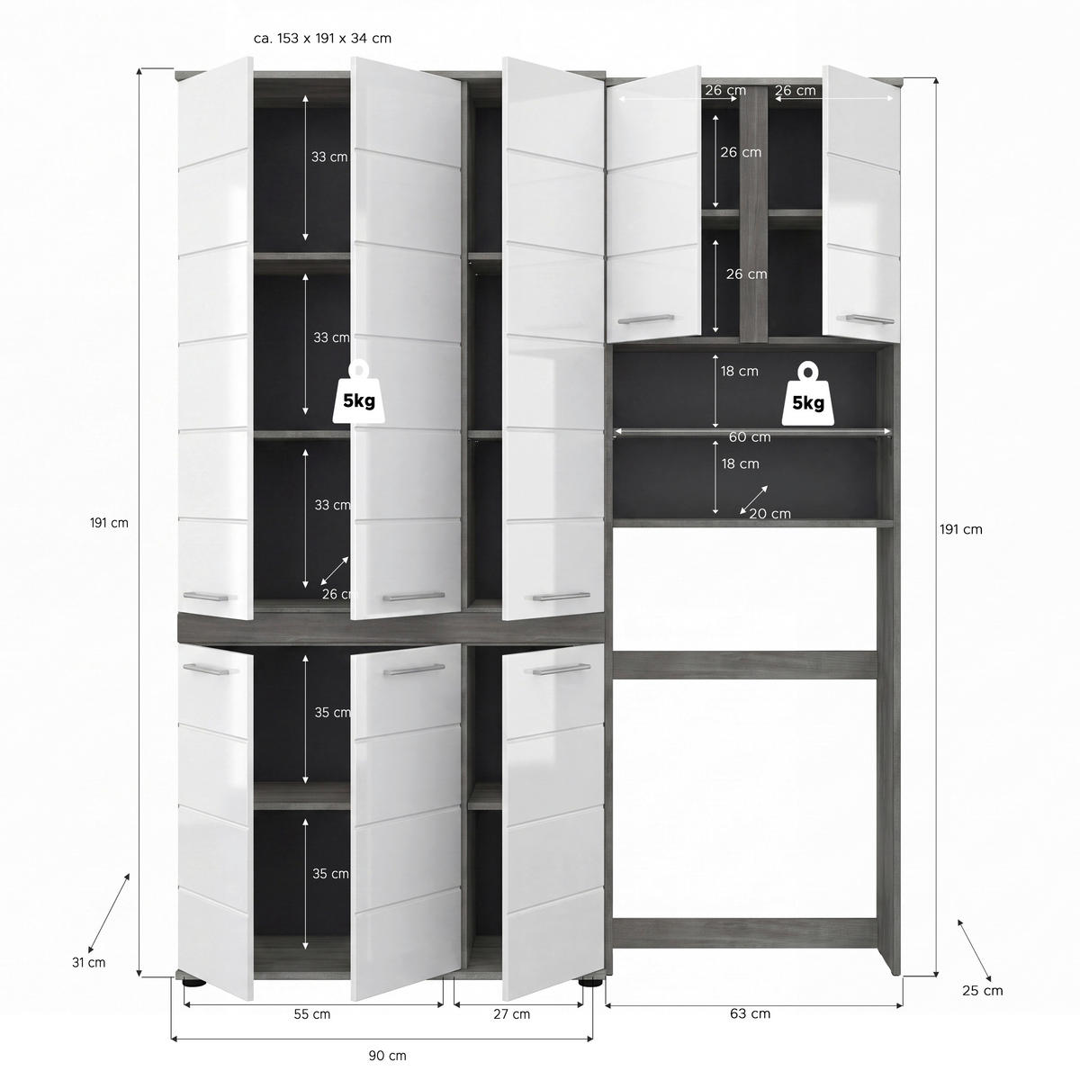 BADEZIMMER 2-teilig  in 153 cm  - Weiß Hochglanz/Silberfarben, Trend, Holzwerkstoff/Kunststoff (153cm) - MID.YOU