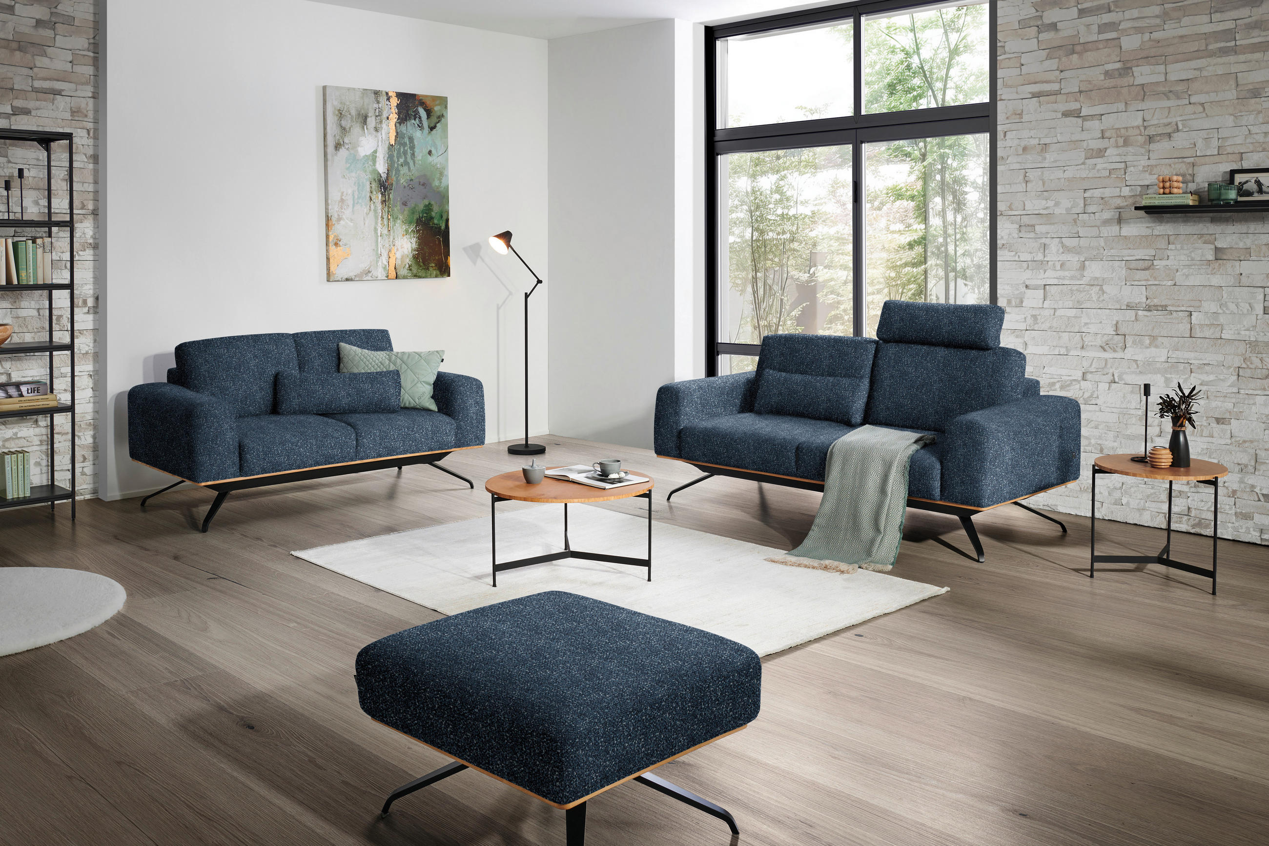 3-SITZER-SOFA in Struktur Blau  - Blau/Schwarz, Design, Holz/Textil (196/85-104/95cm) - Novel