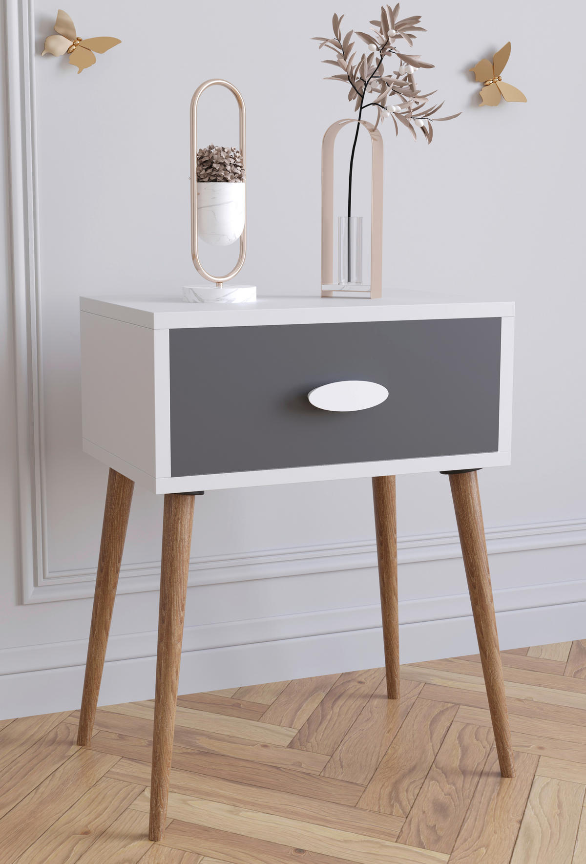 SÄNGBORD i antracit, vit, honungsek  - vit/honungsek, Modern, trämaterial (44,5/60/30cm) - MID.YOU