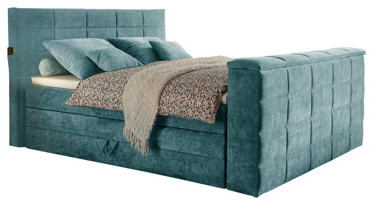 BOXSPRINGBETT 180/200 cm,  in Petrol, Matratze, Bettkasten, Topper, Fernbedienung, unterschiedliche Matratzenhärtegrade je Bettseite, Wendematratze mit unterschiedlichen Härtegraden, H2 + H3 = mittel + fest  - Petrol, KONVENTIONELL, Textil (180/200cm) - Boxxx