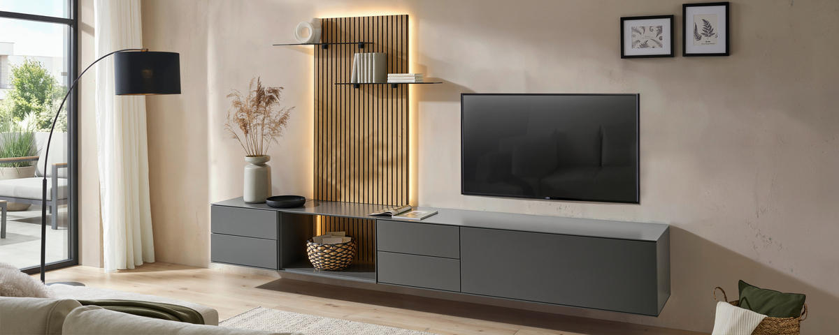 WOHNWAND  in Anthrazit, Eichefarben  321/160/50 cm  - Eichefarben/Anthrazit, Design, Glas/Holz (321/160/50cm) - Dieter Knoll