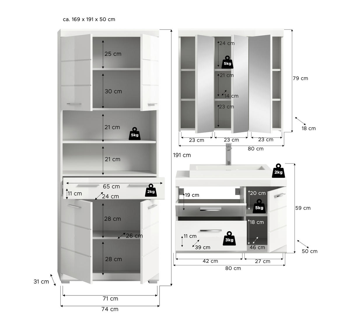 BADEZIMMER 4-teilig  in 169 cm  - Weiß Hochglanz/Silberfarben, Trend, Glas/Holzwerkstoff (169cm) - MID.YOU