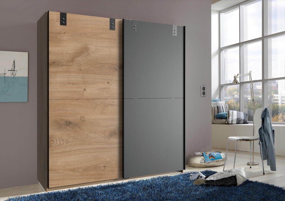 SCHWEBETÜRENSCHRANK in Graphitfarben, Eichefarben  - Eichefarben/Graphitfarben, Basics, Holzwerkstoff (180/198/64cm) - MID.YOU