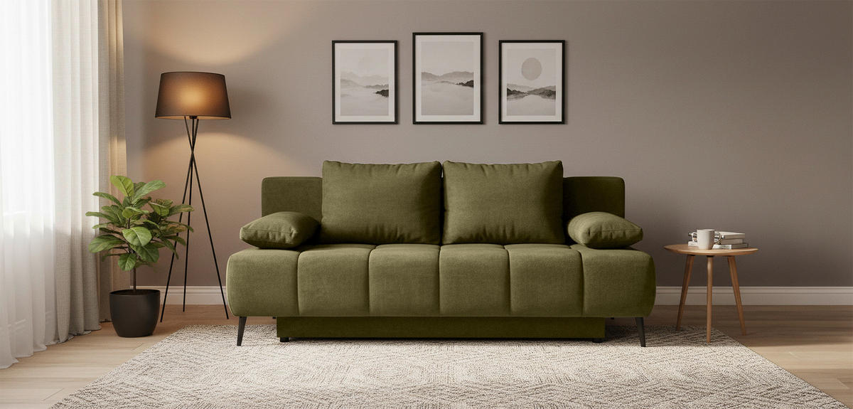 SCHLAFSOFA BOBBIO PLUS Velours Grün  inkl. Rückenkissen, Armlehnenkissen, Stauraum  - Schwarz/Grün, Design, Textil/Metall (204/90/95cm) - MID.YOU