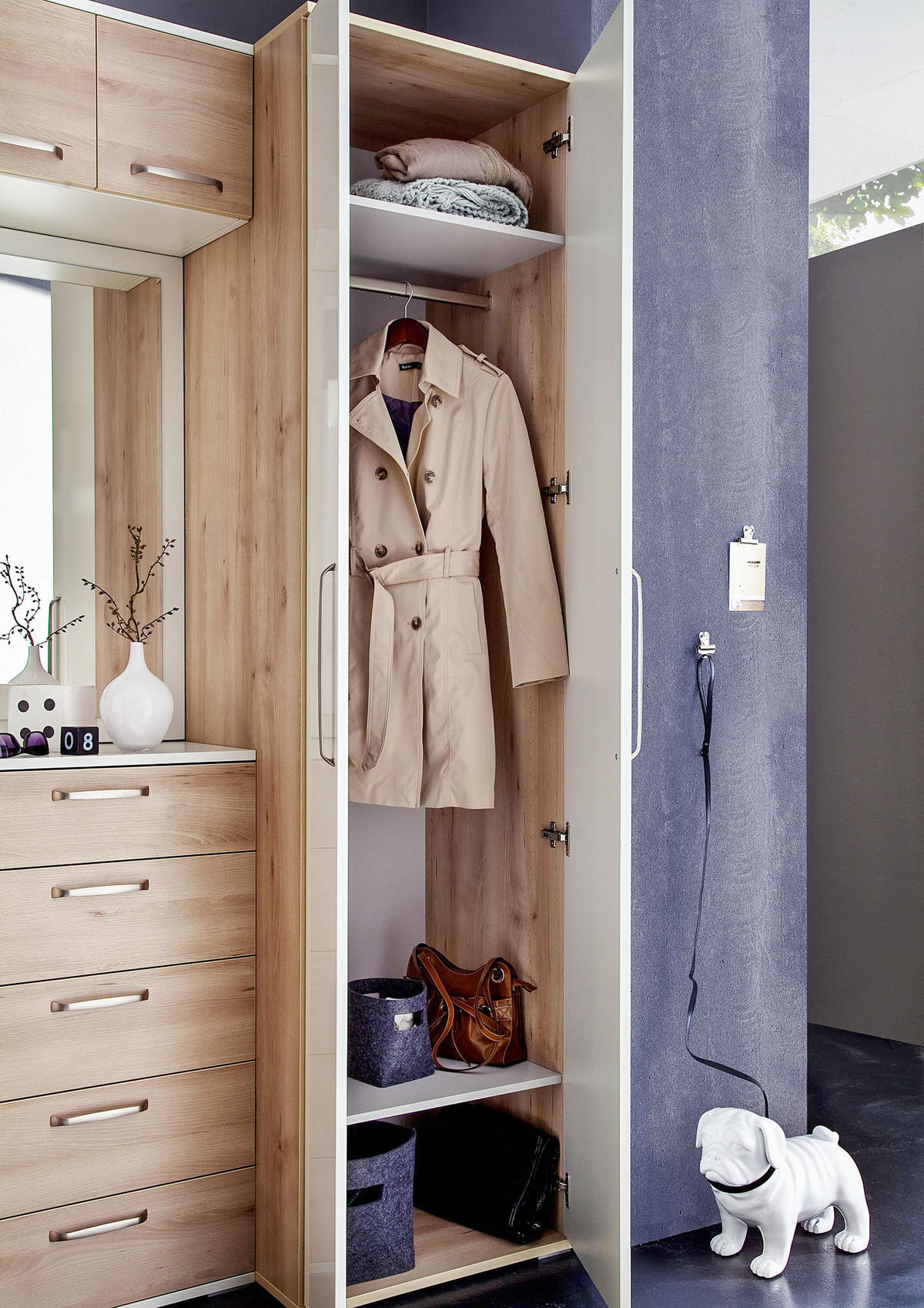 GARDEROBE 8-teilig  in 221/233/56 cm  - Buchefarben/Weiß, Design, Holzwerkstoff (221/233/56cm) - Moderano