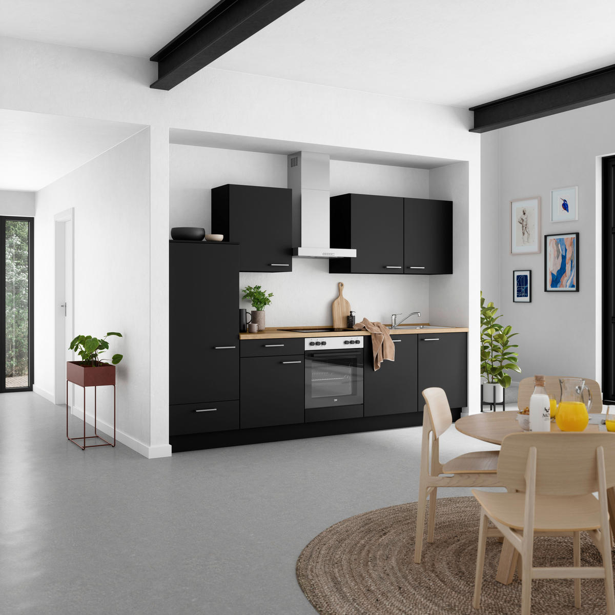 KÜCHENLEERBLOCK 300 cm   in Schwarz, Eichefarben  - Edelstahlfarben/Eichefarben, MODERN, Holzwerkstoff/Metall (300cm) - Nobilia