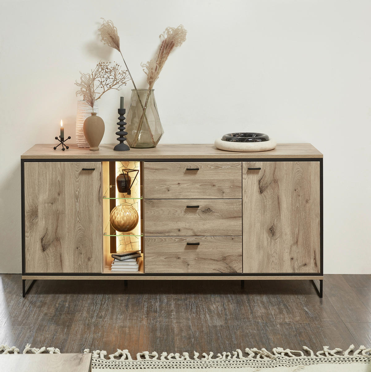 SIDEBOARD  in 180/86/49 cm  - Eichefarben/Schwarz, KONVENTIONELL, Glas/Holzwerkstoff (180/86/49cm) - Livetastic