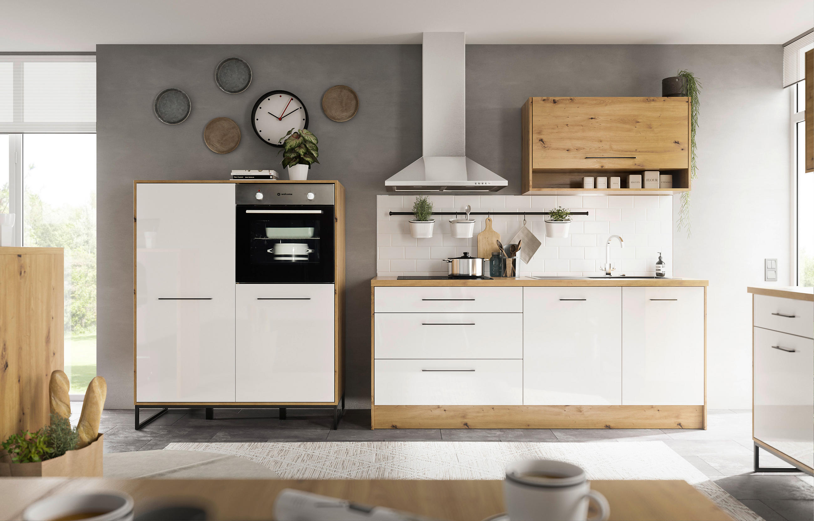 BUCĂTĂRIE FĂRĂ ELECTROCASNICE  - alb/culoare lemn stejar, Modern, material pe bază de lemn (326,4cm) - Carryhome