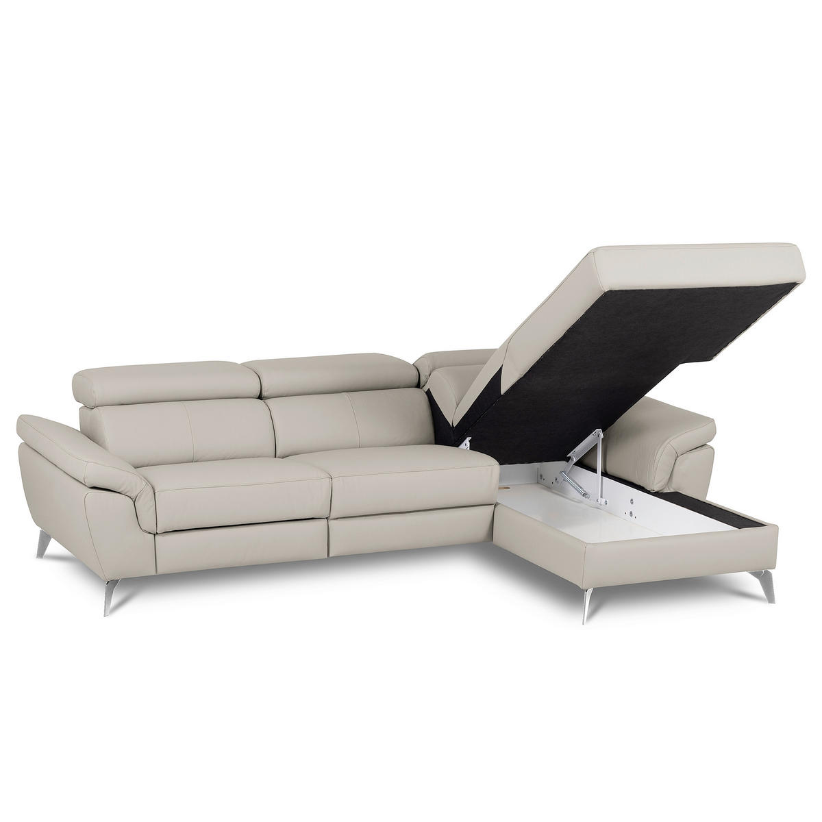 ECKSOFA SONO in Lederlook Echtleder Platinfarben Bettkasten, Armteilverstellung, Kopfteilverstellung  252/179 cm  - Platinfarben/Chromfarben, Design, Leder/Textil (252/179cm) - Livetastic