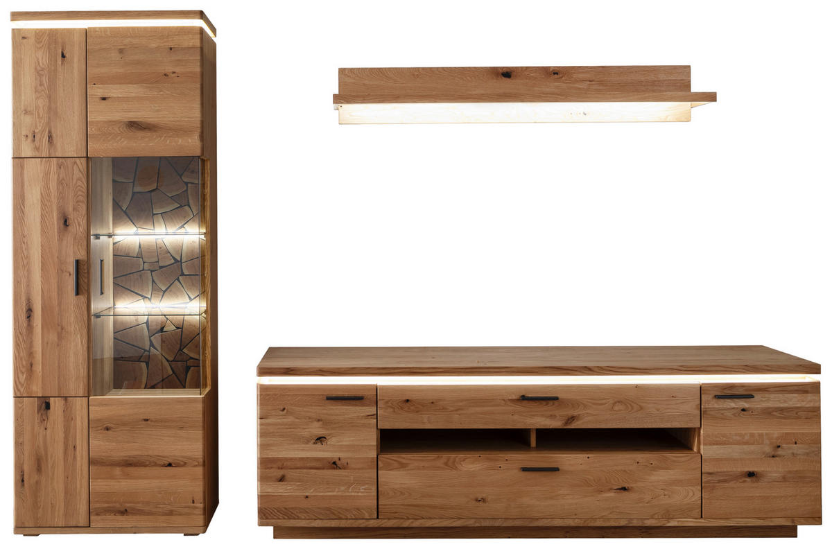 WOHNWAND 3-teilig  Eichefarben 300/204/50 cm  LED-Leuchtmittel   - Eichefarben/Schwarz, Natur, Glas/Holz (300/204/50cm) - Linea Natura