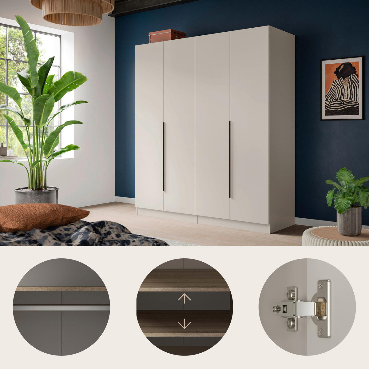 DREHTÜRENSCHRANK 160/181/52 cm,  in Kaschmir, 4-türig  - Kaschmir/Schwarz, MODERN, Holzwerkstoff/Kunststoff (160/181/52cm) - Livetastic