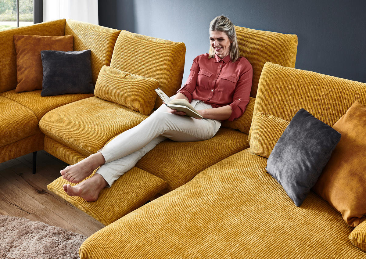 WOHNLANDSCHAFT in Webstoff Currygelb  - Currygelb/Schwarz, Design, Textil/Metall (208/354/157cm) - Dieter Knoll