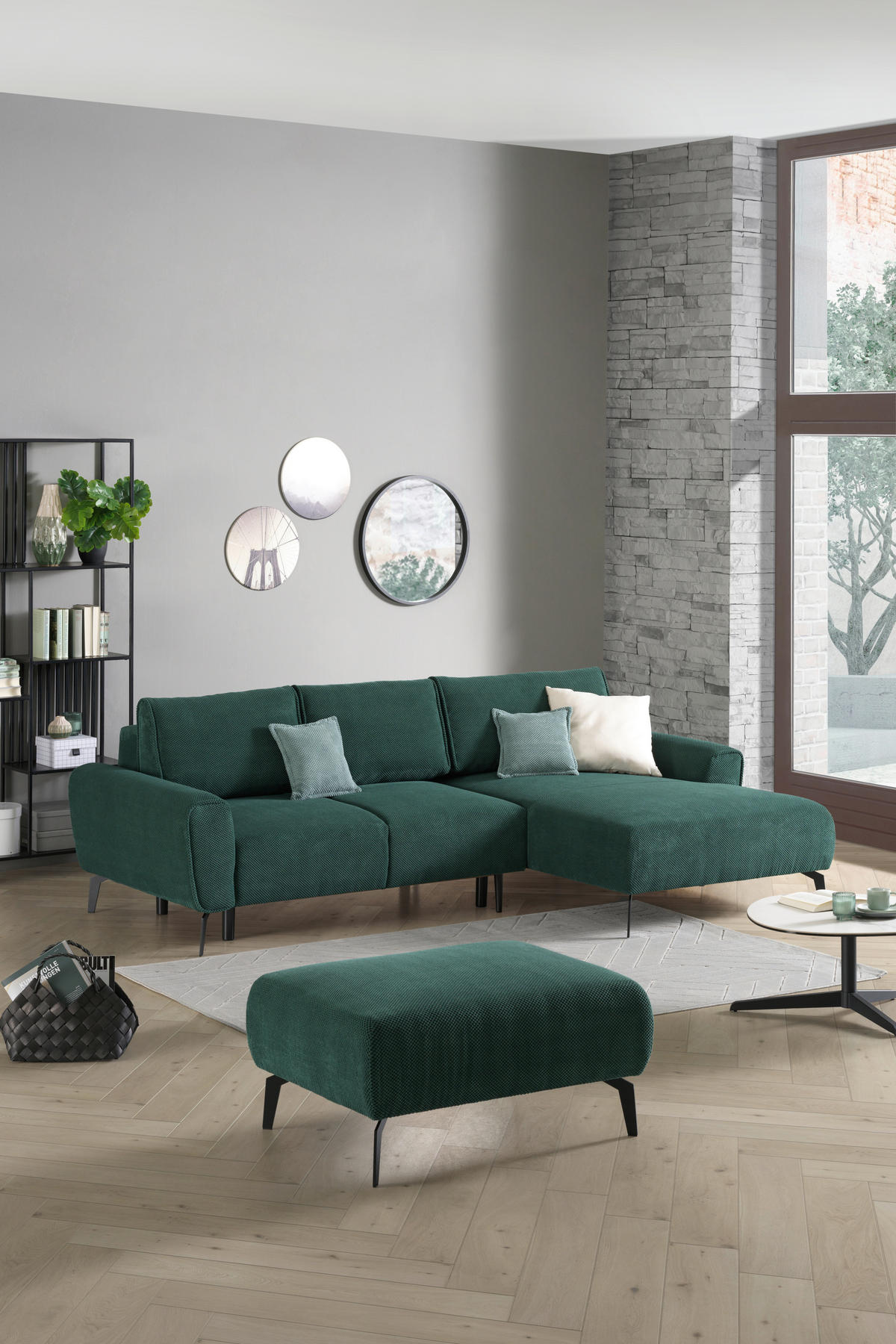 ECKSOFA in Webstoff Grün  - Schwarz/Grün, Design, Textil/Metall (272/170cm) - Welnova