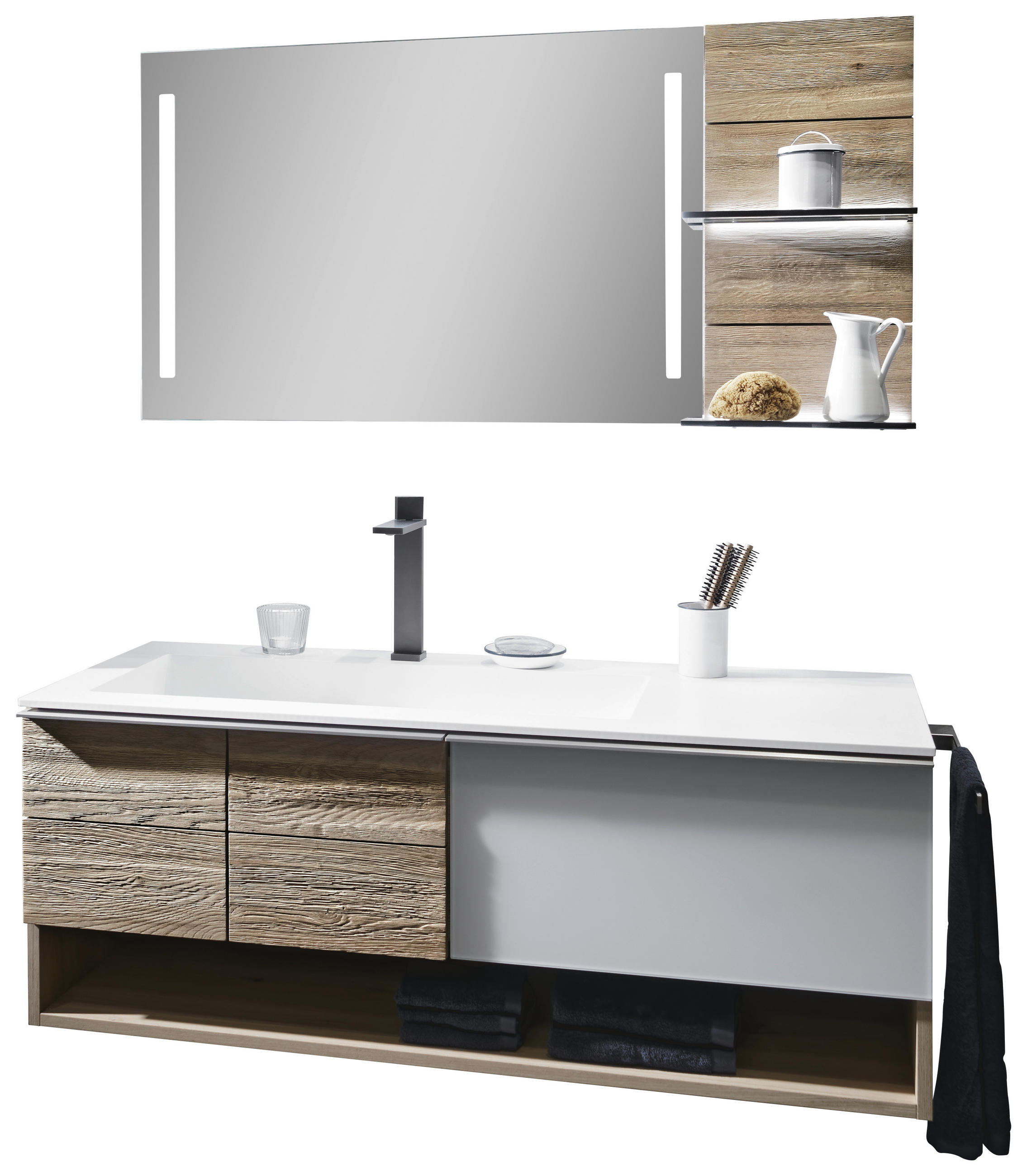 BADEZIMMER  in 128,4 cm  - Eichefarben/Weiß, MODERN, Glas/Holz (128,4cm) - Voglauer