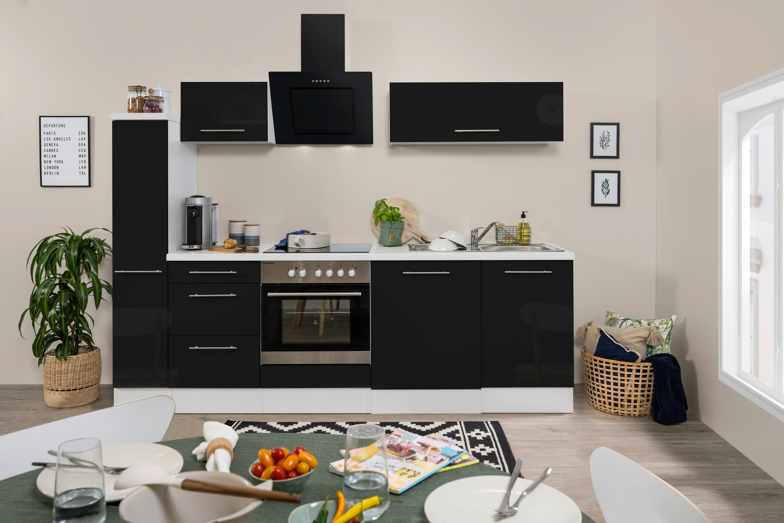 KÜCHENBLOCK 250 cm   in Schwarz, Weiß  - Alufarben/Schwarz, KONVENTIONELL, Holzwerkstoff (250cm) - Respekta