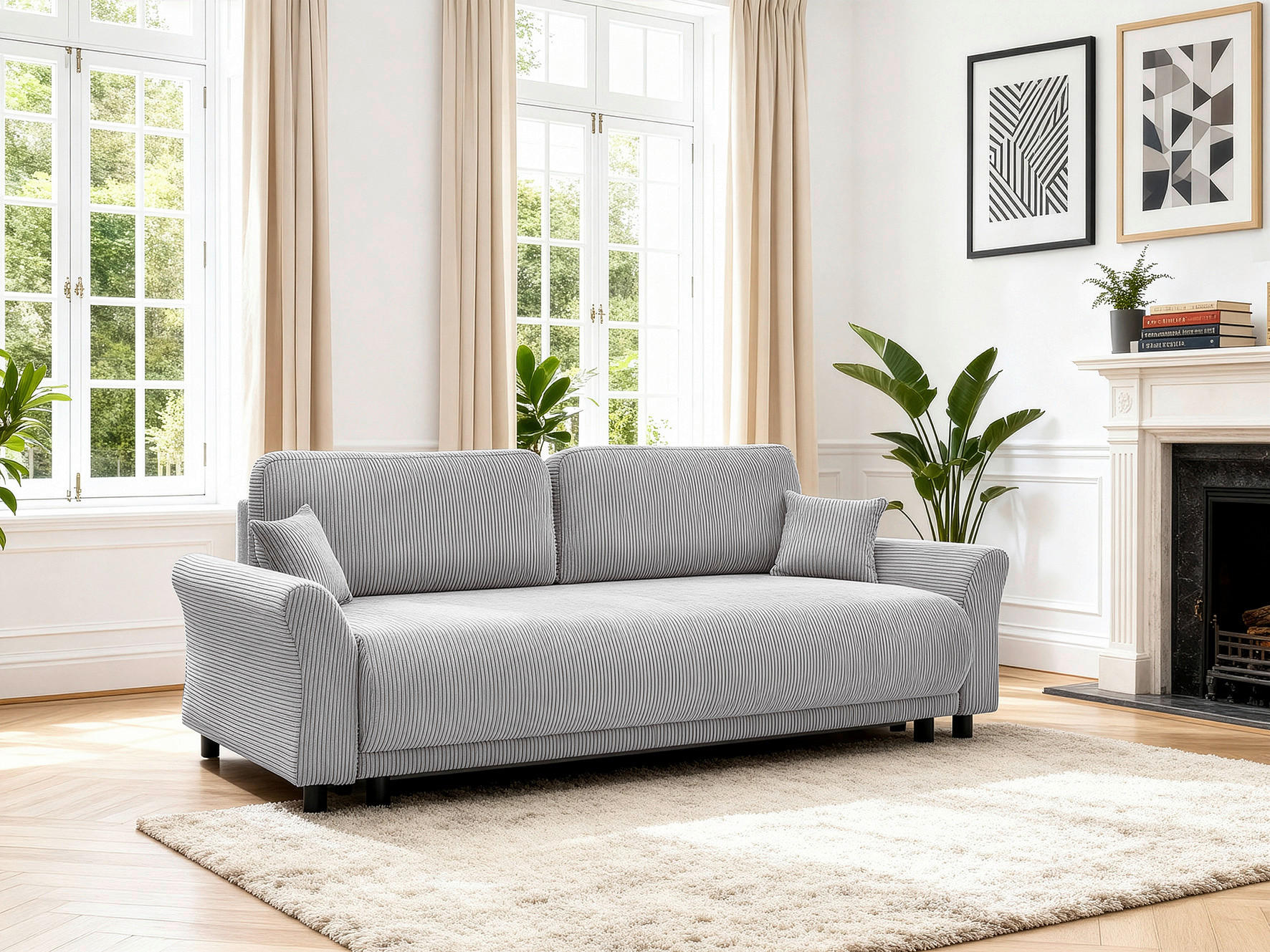 SCHLAFSOFA Malta Cord Hellgrau  inkl. Zierkissen, Rückenkissen, Bettkasten, Schlaffunktion, Rücken echt  - Hellgrau/Schwarz, Design, Textil (244/88/100cm) - P & B