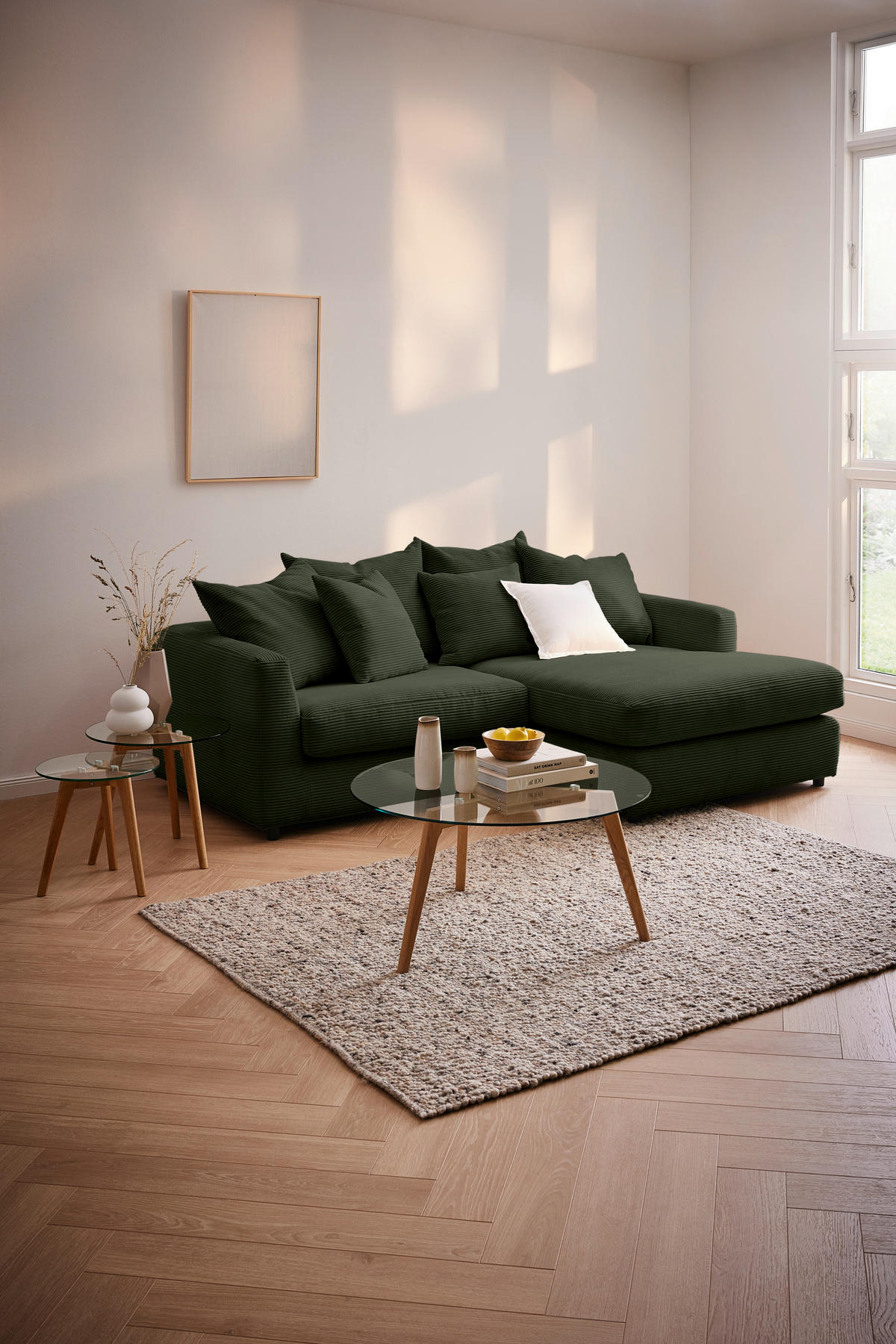 ECKSOFA in Cord Dunkelgrün  235/175 cm  - Dunkelgrün/Schwarz, Design, Kunststoff/Textil (235/175cm) - home24