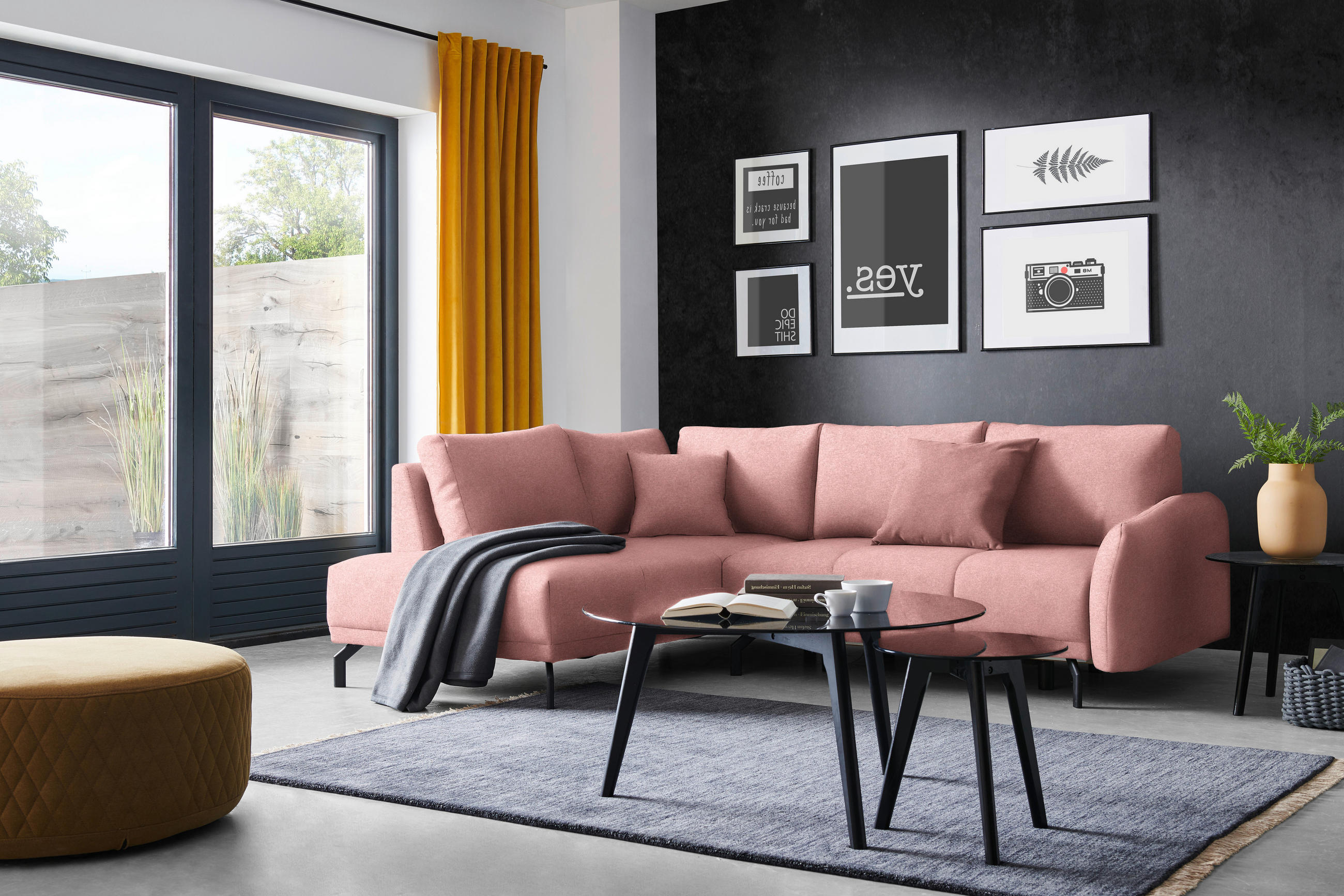 ECKSOFA in Webstoff Altrosa  191/250 cm  - Schwarz/Altrosa, LIFESTYLE, Textil/Metall (191/250cm) - Carryhome
