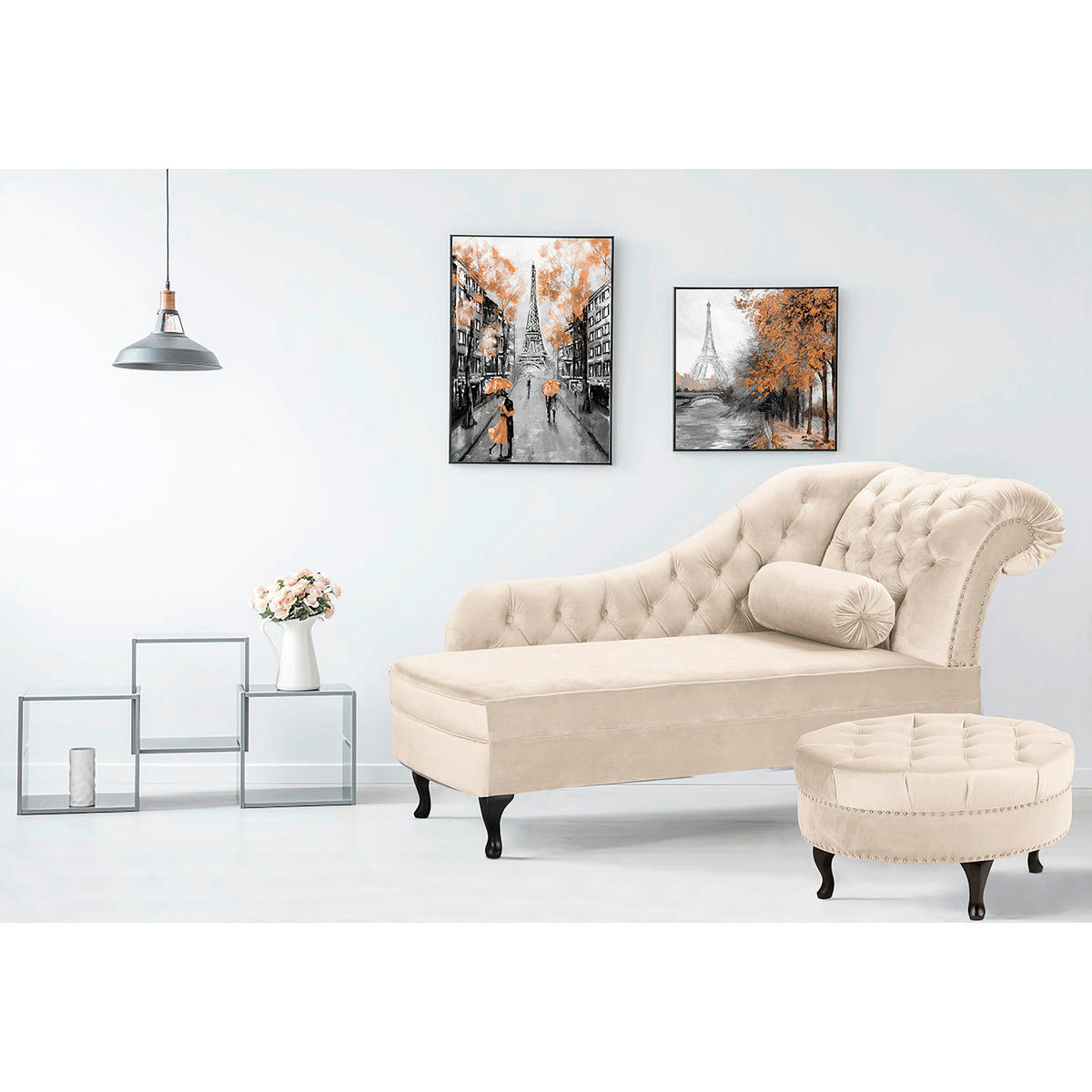 RÉCAMIERE Samt Creme  - Creme/Braun, Design, Holz/Textil (185/93/75cm) - Livetastic