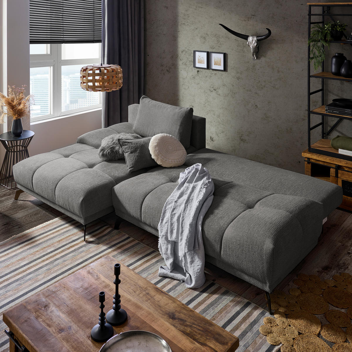 ECKSOFA in Chenille Blau, Braun  - Blau/Schwarz, Modern, Textil/Metall (182/290cm) - Hom`in