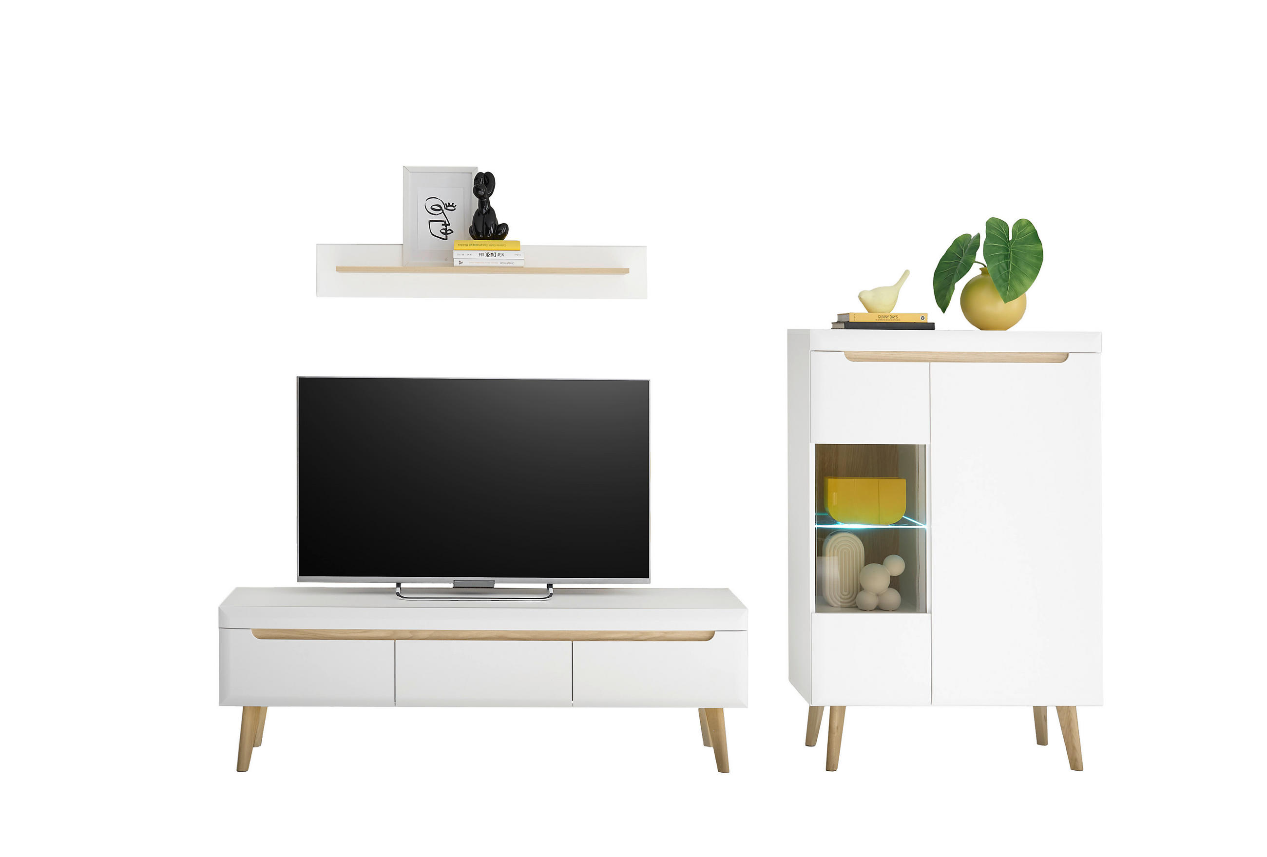 WOHNWAND 3-teilig  in Weiß, Eichefarben  270/170/40 cm  - Eichefarben/Weiß, Design, Glas/Holzwerkstoff (270/170/40cm) - MID.YOU