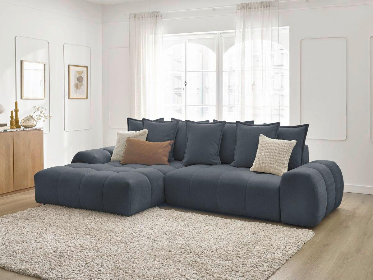 ECKSCHLAFSOFA EVEREST  mit Rücken echt, Armteil links, Armteil rechts Struktur Dunkelblau  - Schwarz/Dunkelblau, MODERN, Kunststoff/Textil (180/318cm) - Livetastic