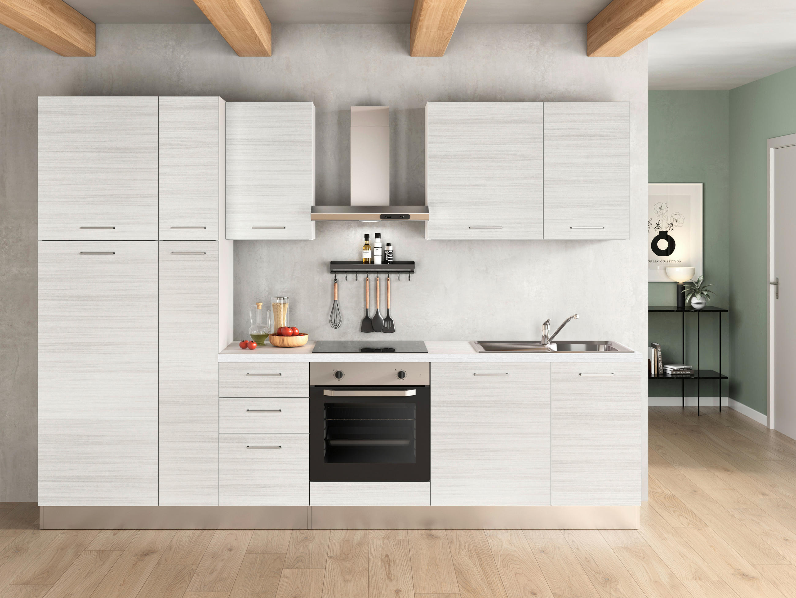 KÜCHENBLOCK 300 cm   in Eukalyptusholzfarben  - Eukalyptusholzfarben/Alufarben, LIFESTYLE, Holzwerkstoff/Kunststoff (300cm) - MID.YOU