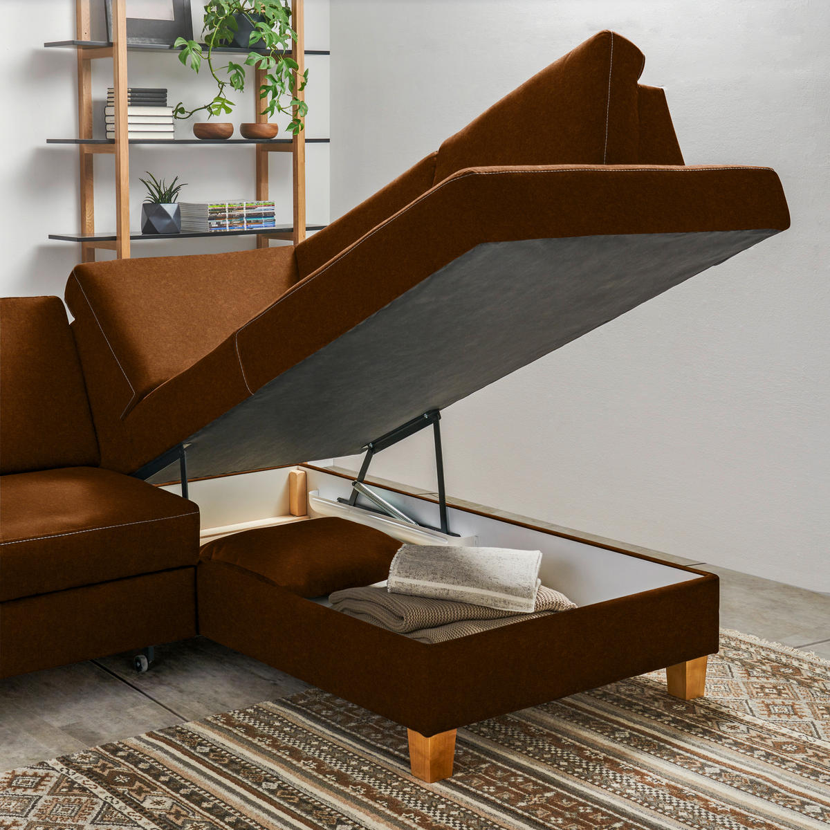 ECKSOFA in Flachgewebe Bernsteinfarben  - Eichefarben/Bernsteinfarben, Design, Holz/Textil (253/185cm) - Cantus