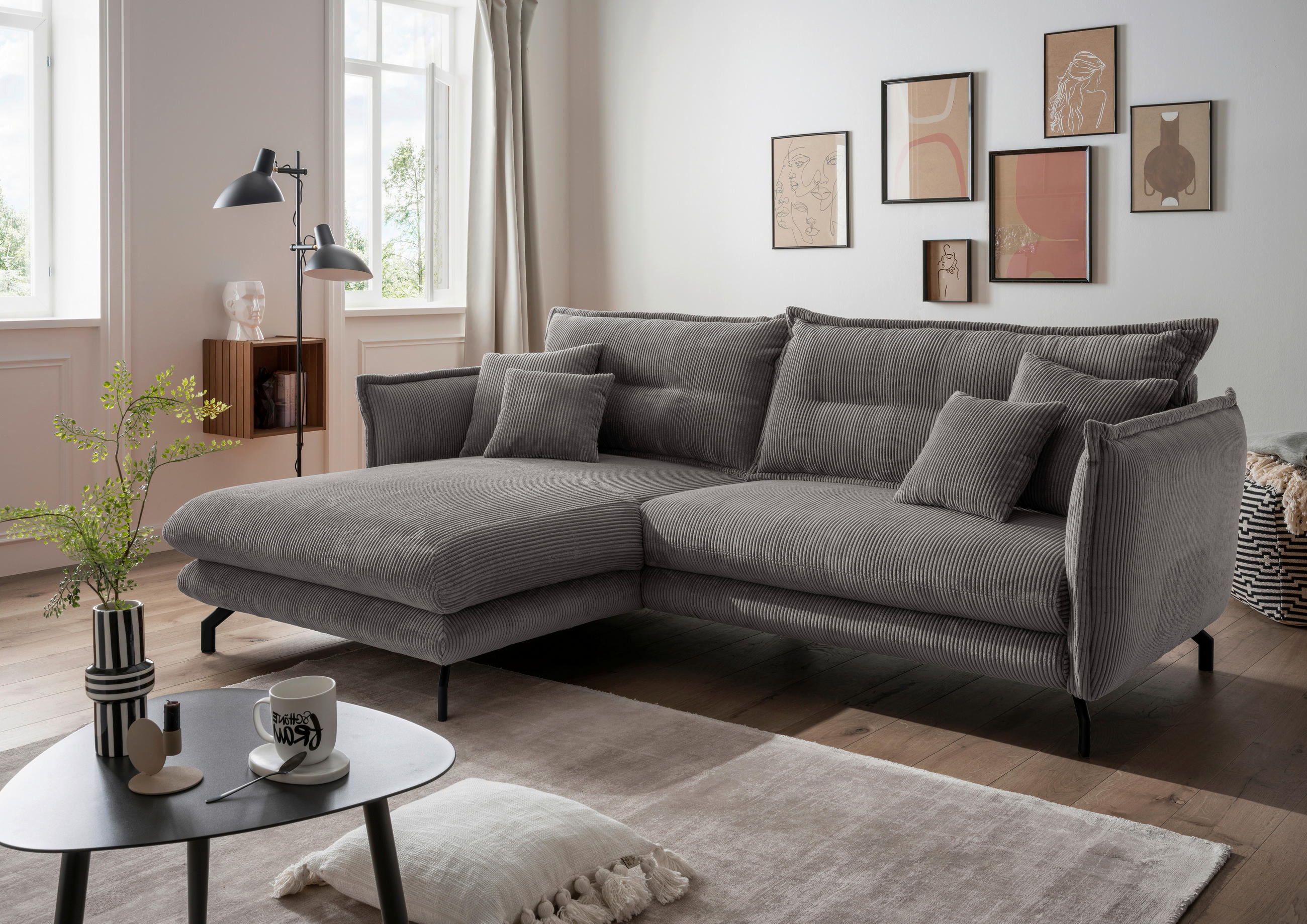 ECKSOFA in Cord Grau  - Schwarz/Grau, Modern, Textil/Metall (180/255cm) - Livetastic