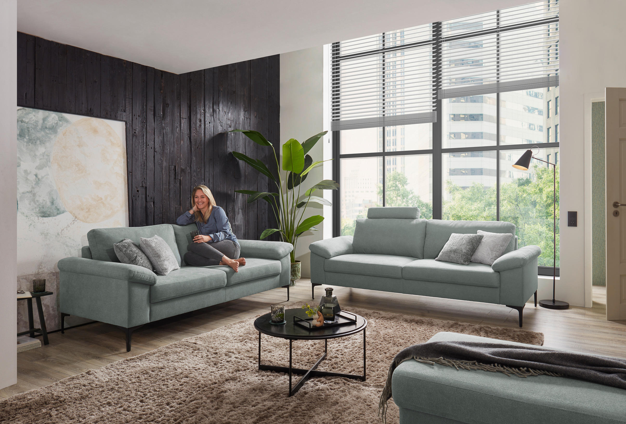 3-SITZER-SOFA in Flachgewebe Blaugrau  - Blaugrau/Schwarz, Design, Textil/Metall (226/89/97cm) - Pure Home Lifestyle