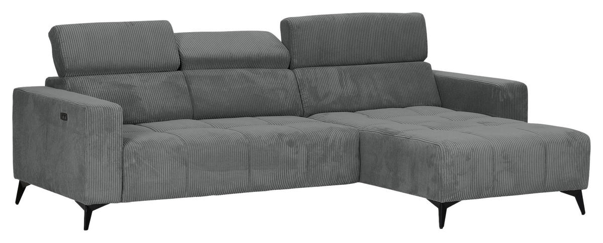 ECKSOFA Dunkelgrau Cord Rücken echt, Kopfteilverstellung, Sitzvorzug  - Dunkelgrau/Schwarz, KONVENTIONELL, Textil/Metall (257/170cm) - Carryhome