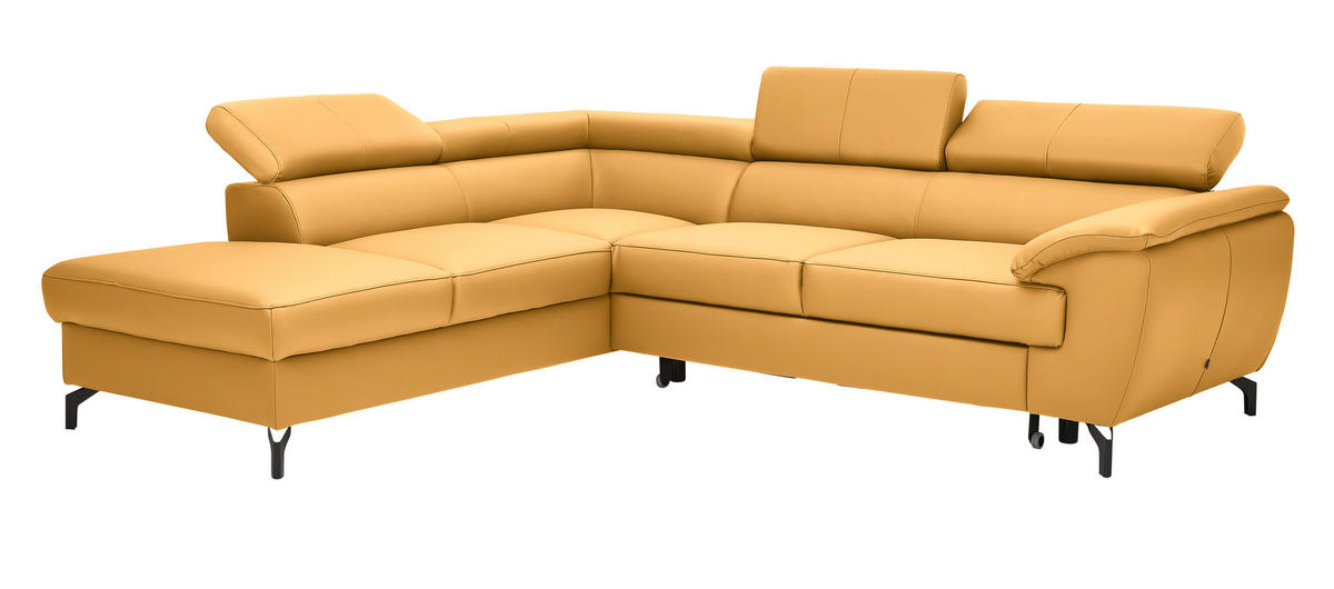 ECKSOFA in Echtleder Currygelb  - Currygelb/Schwarz, Design, Leder/Metall (220/256cm) - Celina Home