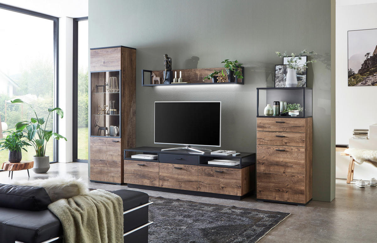 WOHNWAND  in Eichefarben, Dunkelgrau  320/206/50 cm  - Eichefarben/Dunkelgrau, KONVENTIONELL, Glas/Holzwerkstoff (320/206/50cm) - Cantus