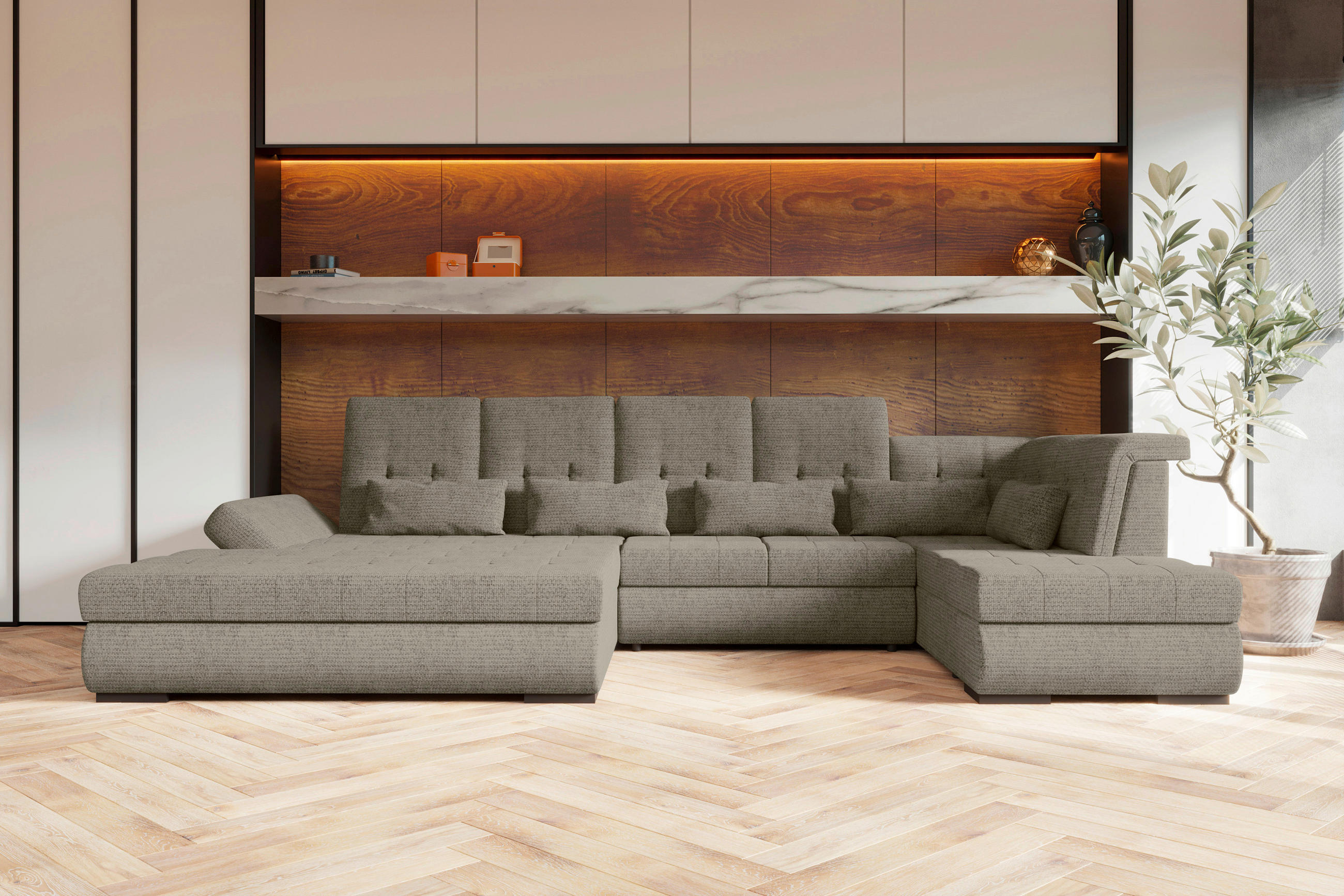 WOHNLANDSCHAFT Greige Struktur  - Greige/Schwarz, KONVENTIONELL, Kunststoff/Textil (212/358/222cm) - Carryhome