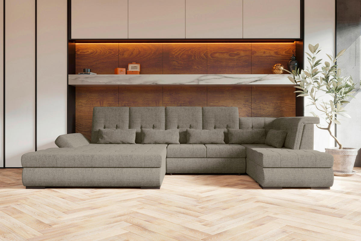 WOHNLANDSCHAFT Greige Struktur  - Greige/Schwarz, KONVENTIONELL, Kunststoff/Textil (212/358/222cm) - Carryhome