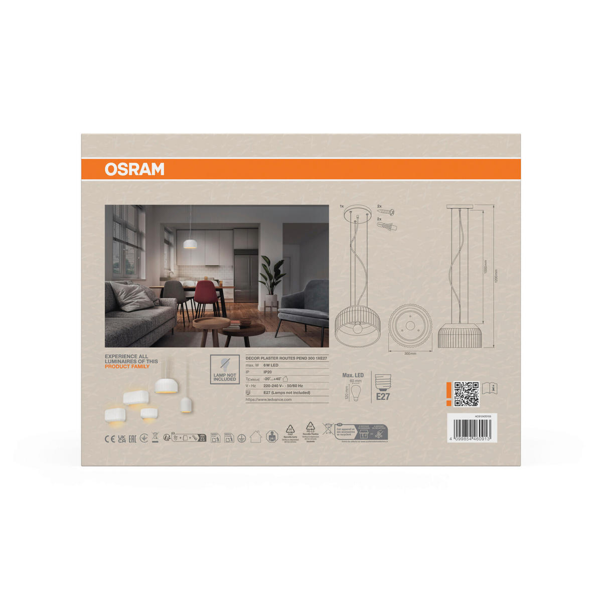 HÄNGELEUCHTE 30/120 cm  - Weiß, Basics, Stein (30/120cm) - Osram